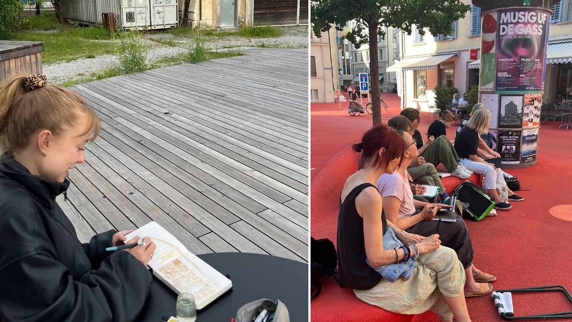 Zwei Szenen: Links sitzt eine Person an einem Tisch im Aussenbereich und zeichnet in ein Skizzenbuch; rechts mehrere Personen, die auf einem roten Platz gemeinsam urban sketching betreiben.
