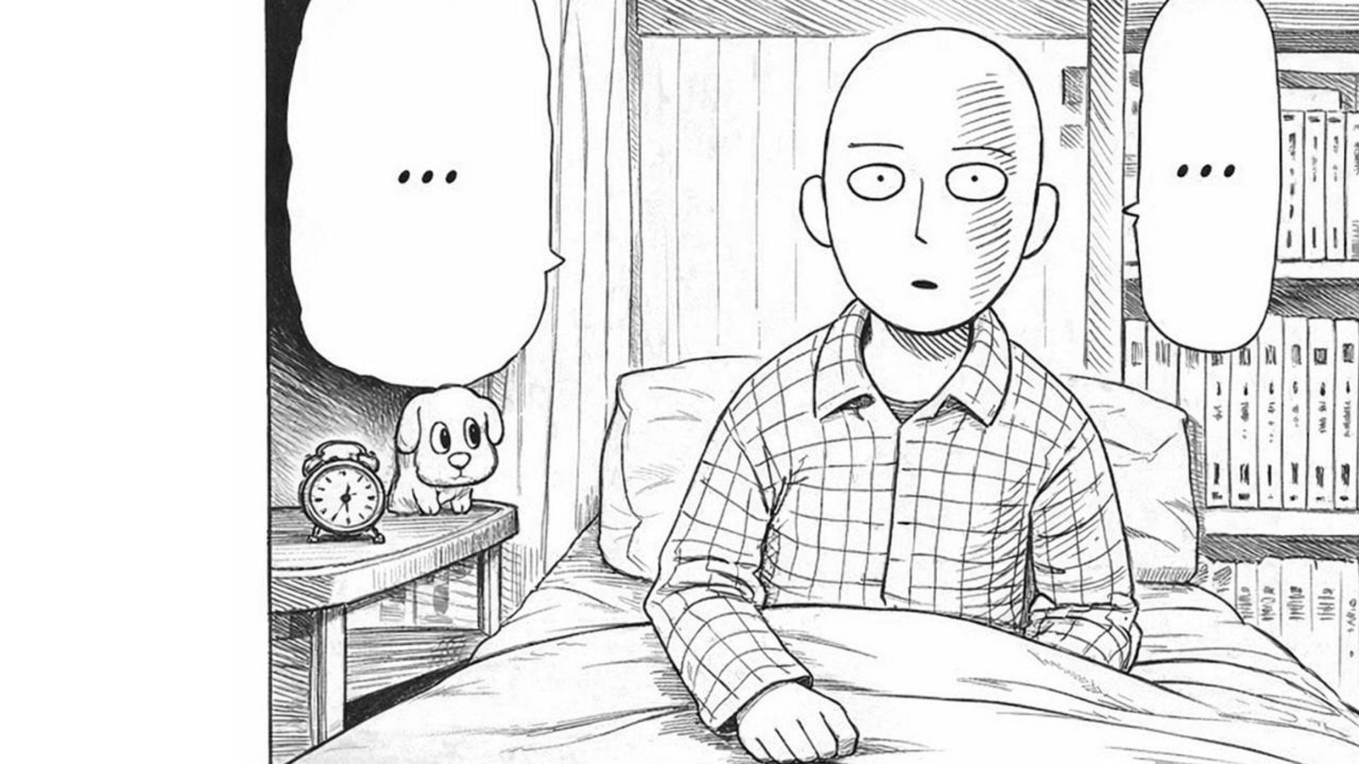 Schwarz‑weisser Comic: Person sitzt im Bett, daneben Wecker und Bücherregal, Sprechblasen mit Auslassungspunkten.