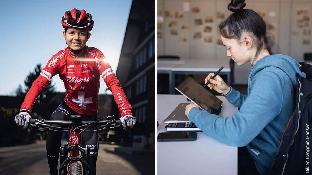 Monique Halter auf dem Mountainbike und in der Berufsschule GBS