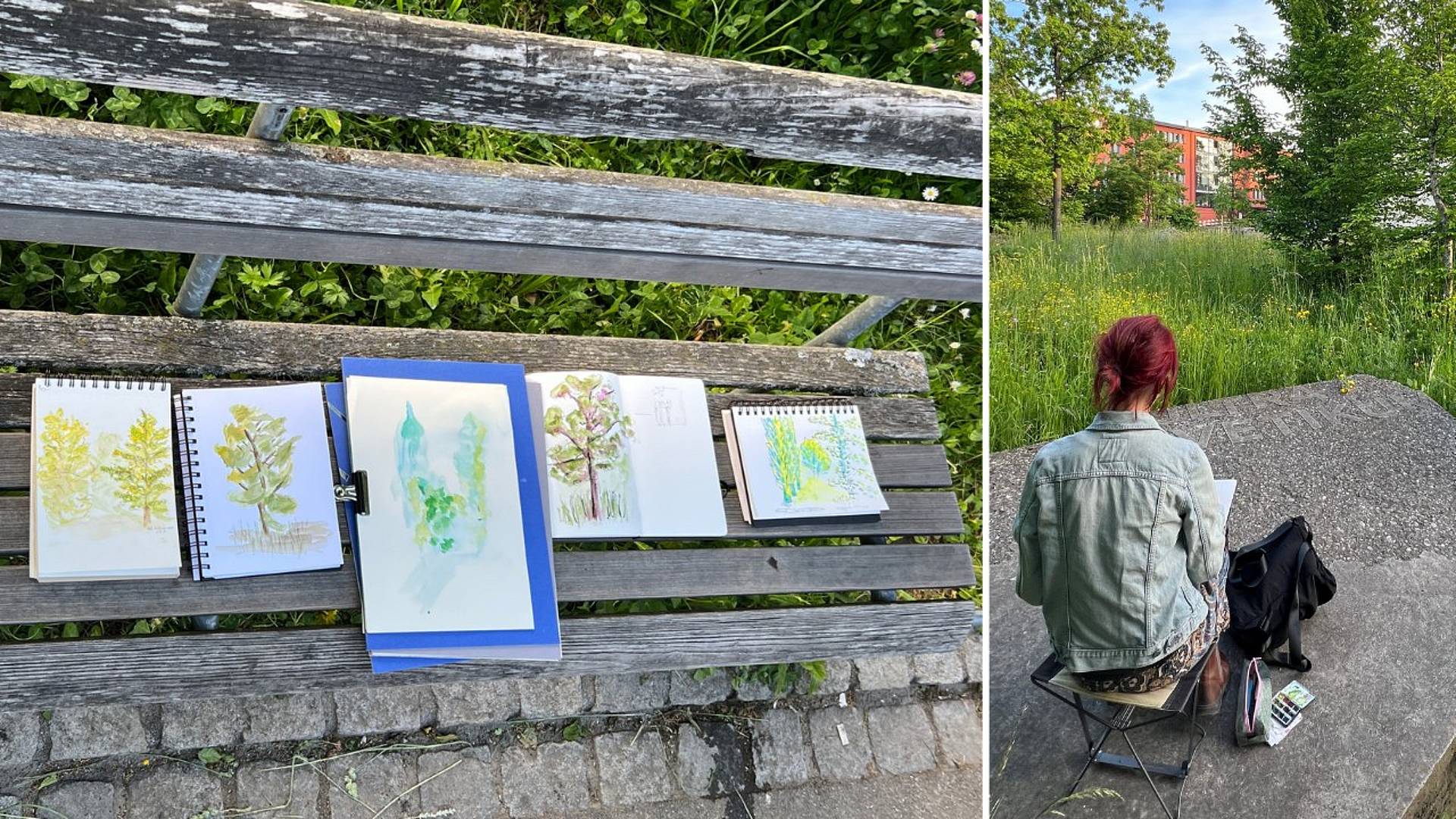 Mehrere Skizzenbücher mit farbigen Aquarellstudien von Bäumen und Pflanzen liegen auf einer Holzbank im Freien, umgeben von Wiese und Blumen.