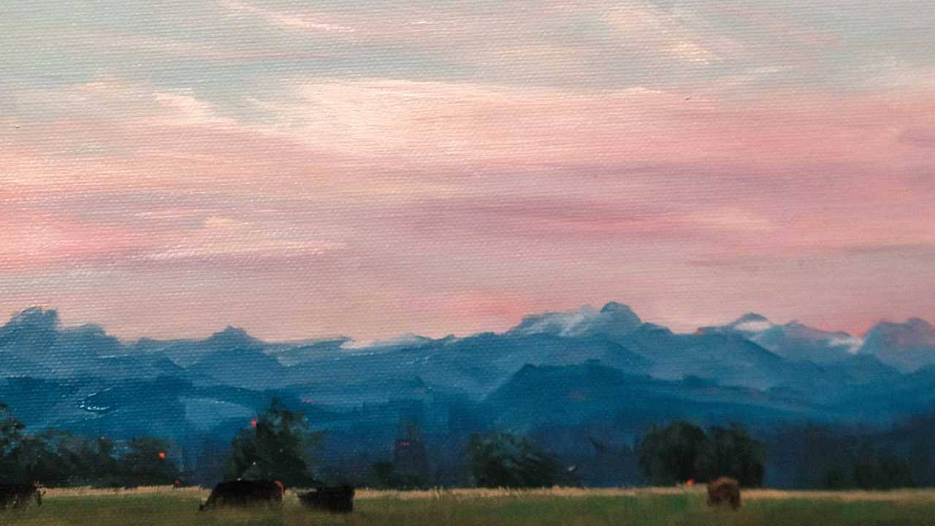 Gemalte Berglandschaft unter rosafarbenem Himmel