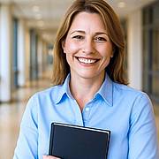 Person in einem hellen Bürogang, mit einem geschlossenen schwarzen Ordner in den Händen, gekleidet in ein hellblaues Hemd.
