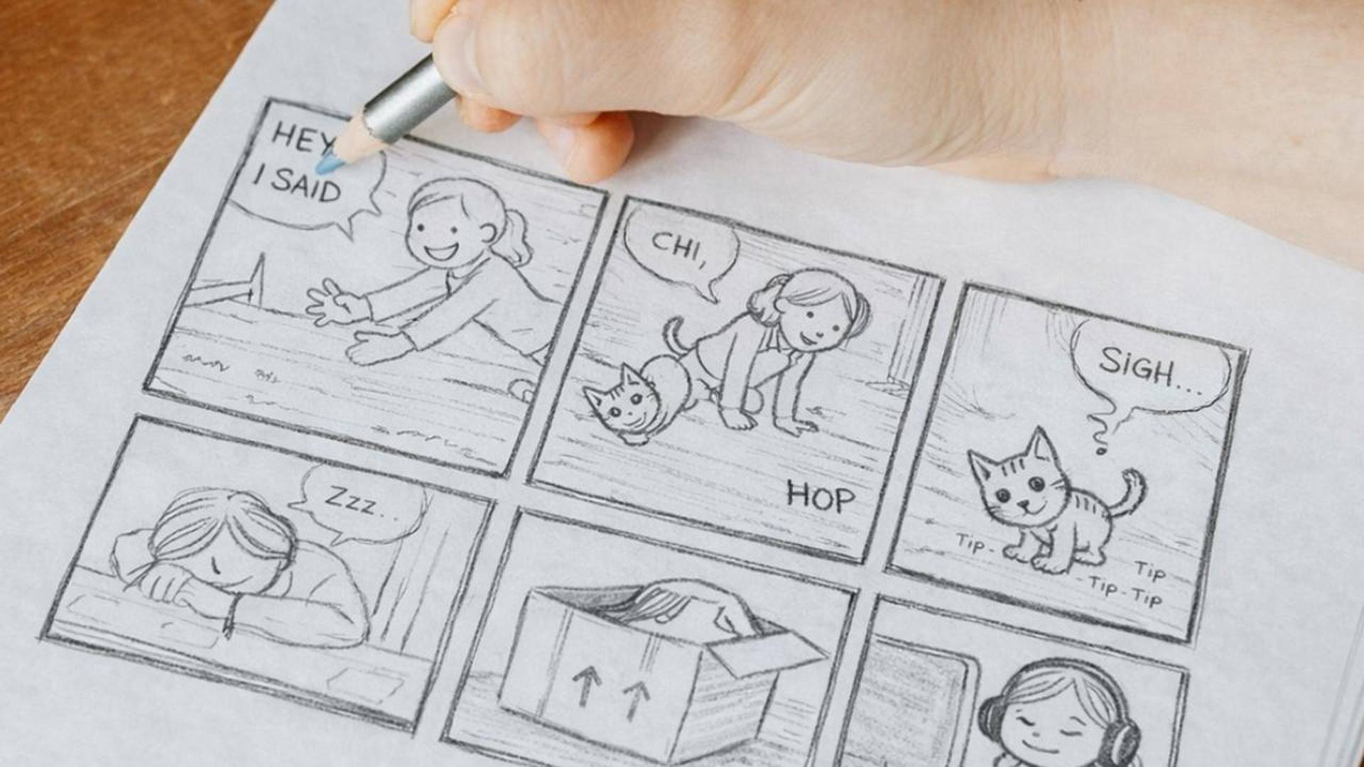 Bleistift‑Skizze eines Comics mit mehreren Panels, gezeichnet auf Papier.