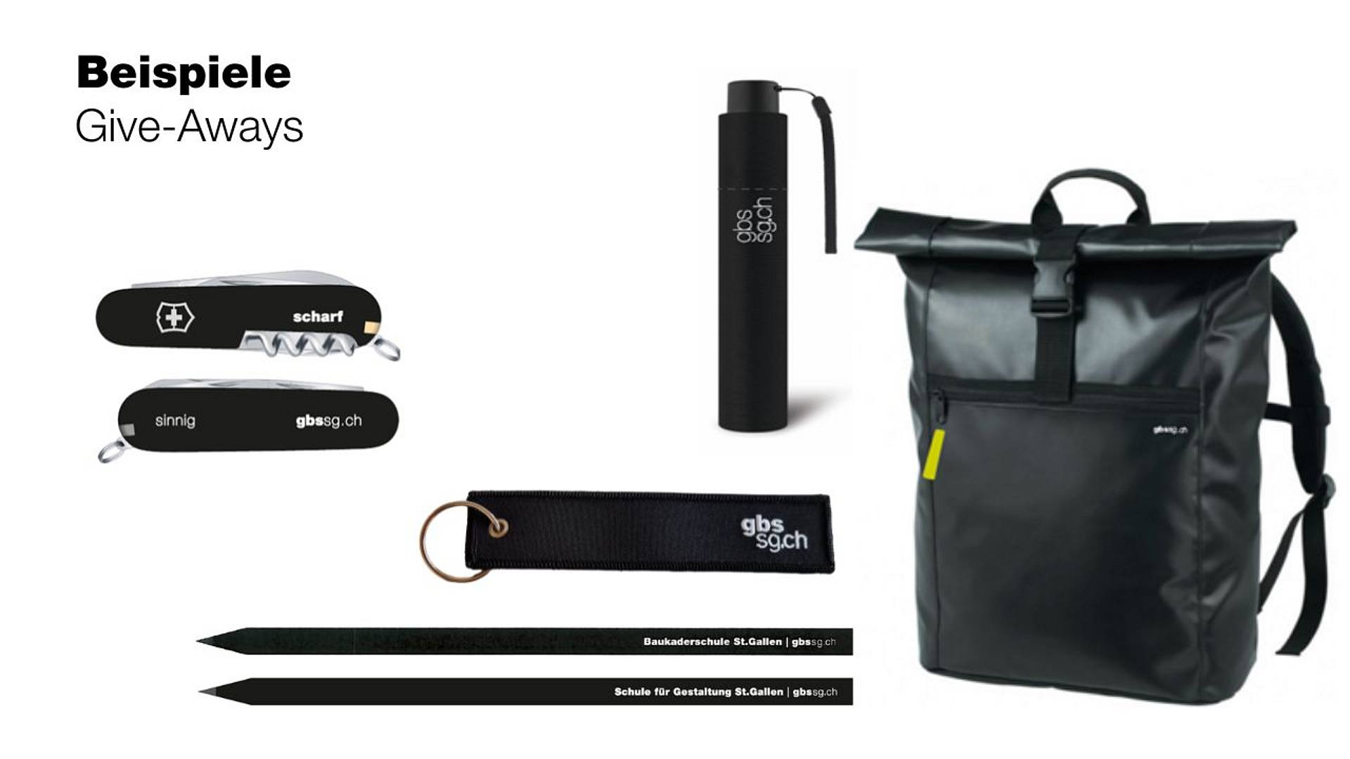 Diverse Werbegeschenke mit dem Branding gbssg.ch