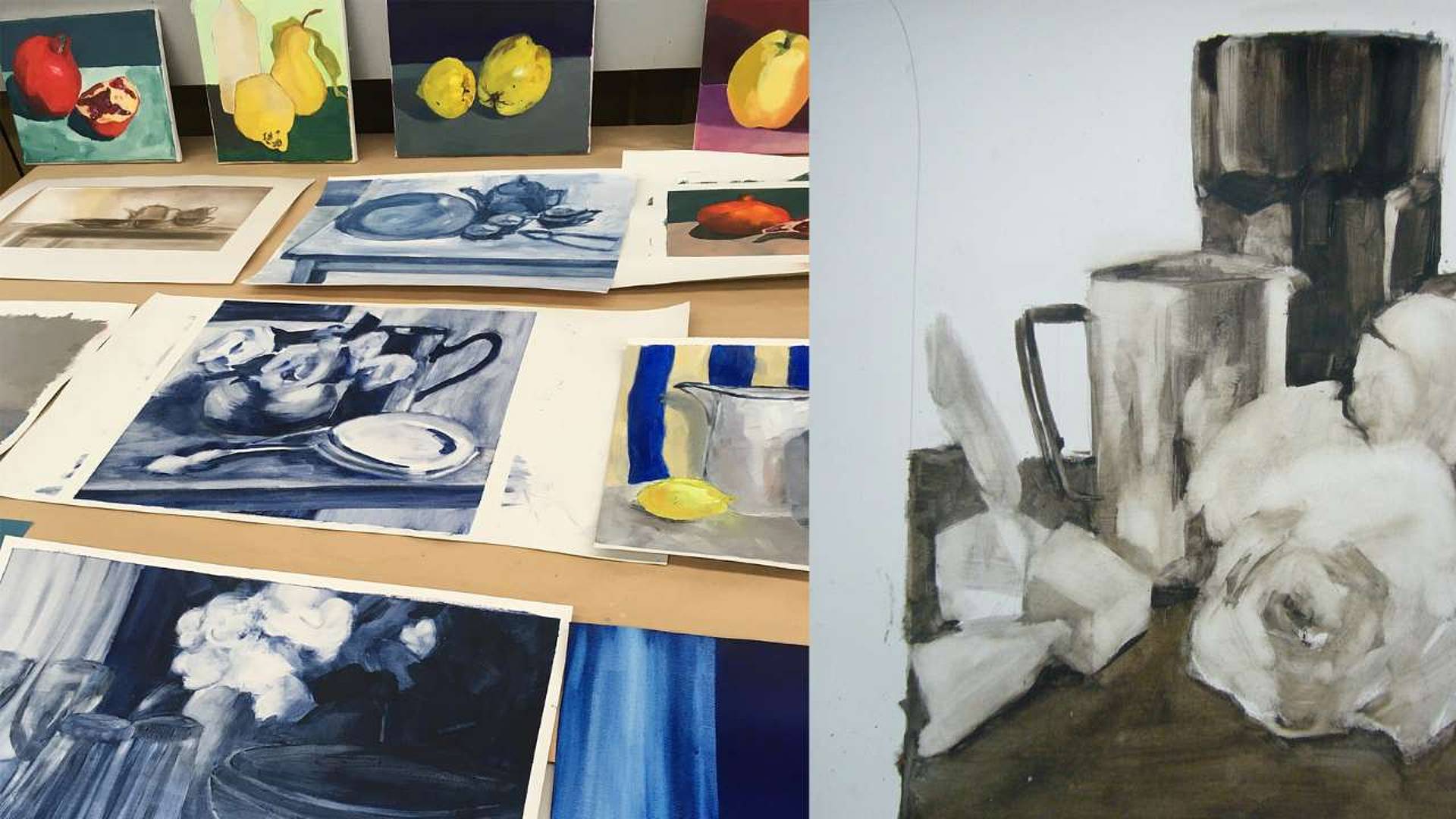 Gemalte Bilder mit Früchte-Motiven, Stillleben mit Teller und Karaffe.