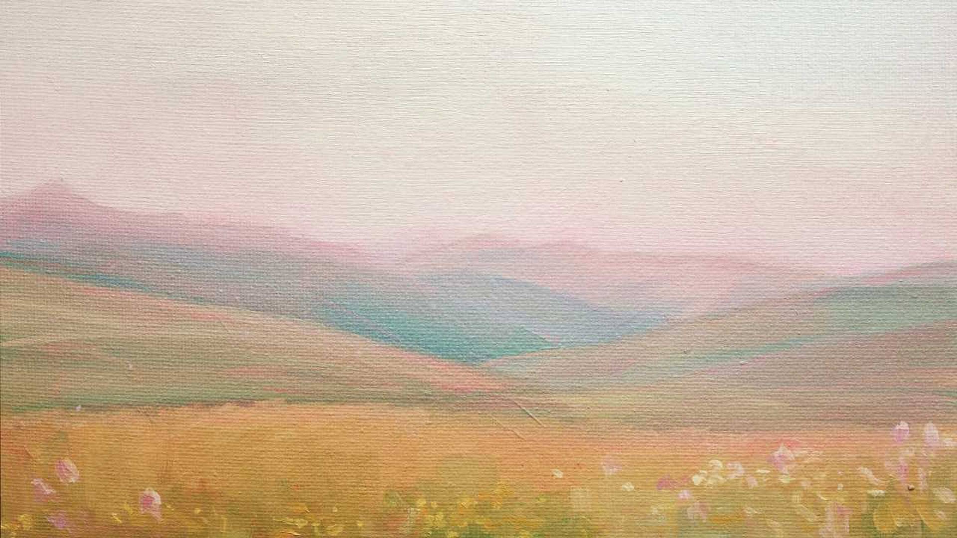 Zarte, gemalte Landschaft mit sanften Hügeln in Pastelltönen und heller Himmel