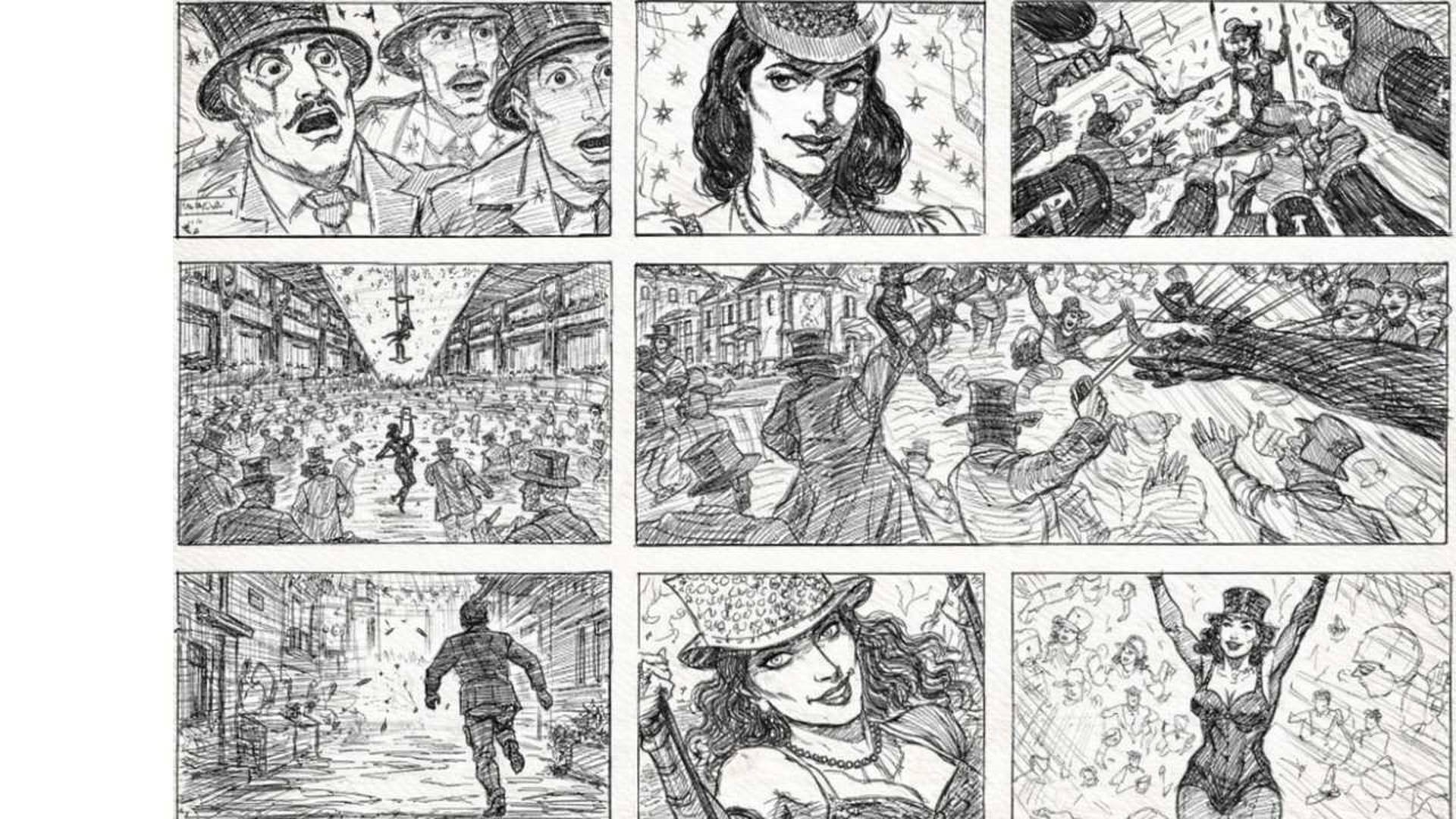 Handgezeichnetes Storyboard mit mehreren Panels: Menschenmengen in einer Strassenszene, einzelne Figuren in Bewegung, wechselnde Einstellungsgrössen und dynamische Actionszenen, skizziert mit Schraffuren und Bewegungslinien.