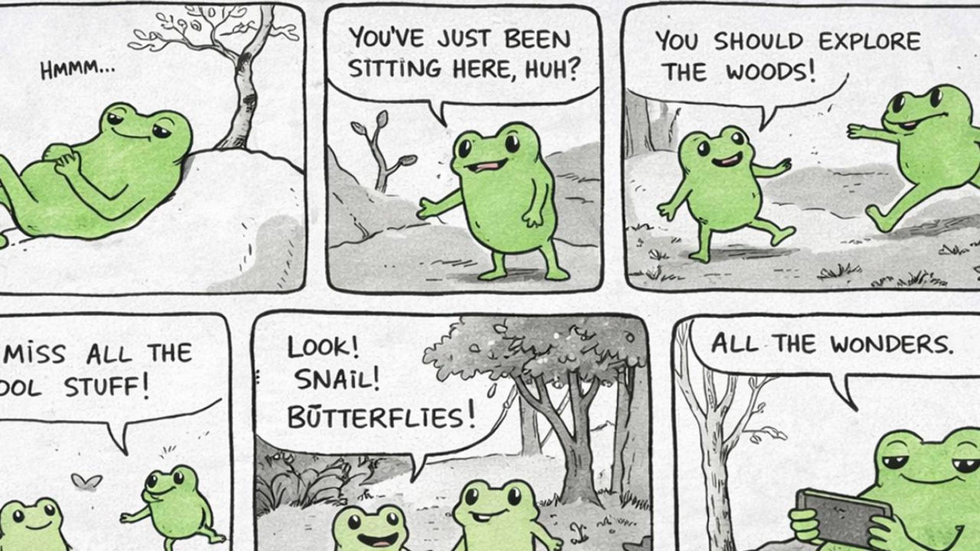 Farbig gezeichneter Comic mit mehreren Panels: Ein grüner Frosch spricht über Entdecken im Wald.
