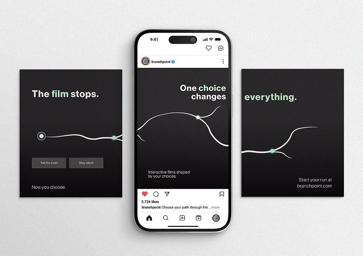 Mockup einer Branchpoint-Kampagne mit Smartphone und zwei Posts zum Konzept interaktiver Filme, deren Handlung durch Entscheidungen beeinflusst wird.