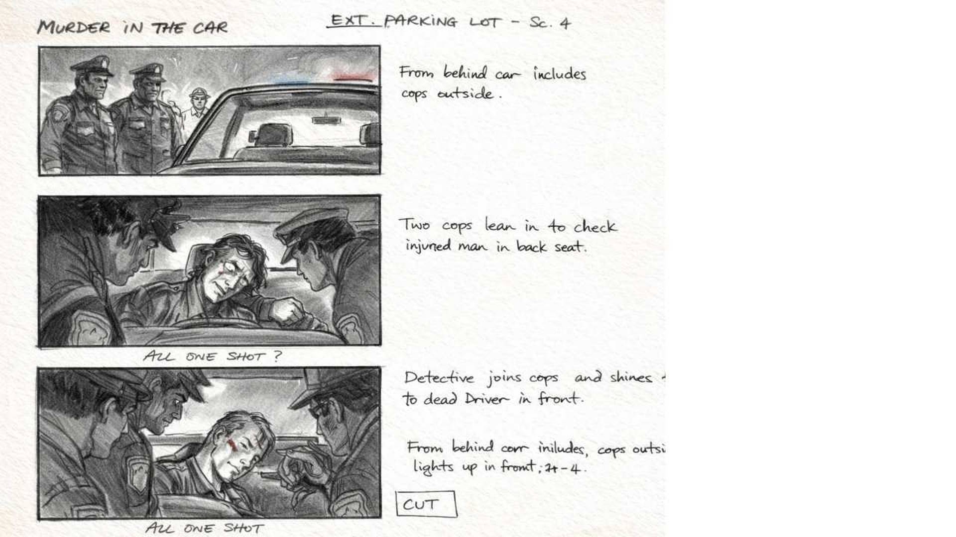 Handgezeichnetes Storyboard mit drei Panels: Blick auf ein Auto auf einem Parkplatz mit Polizeikräften, Personen, die in das Fahrzeug schauen, und Notizen zu Kameraperspektive und Schnitt neben den Zeichnungen.