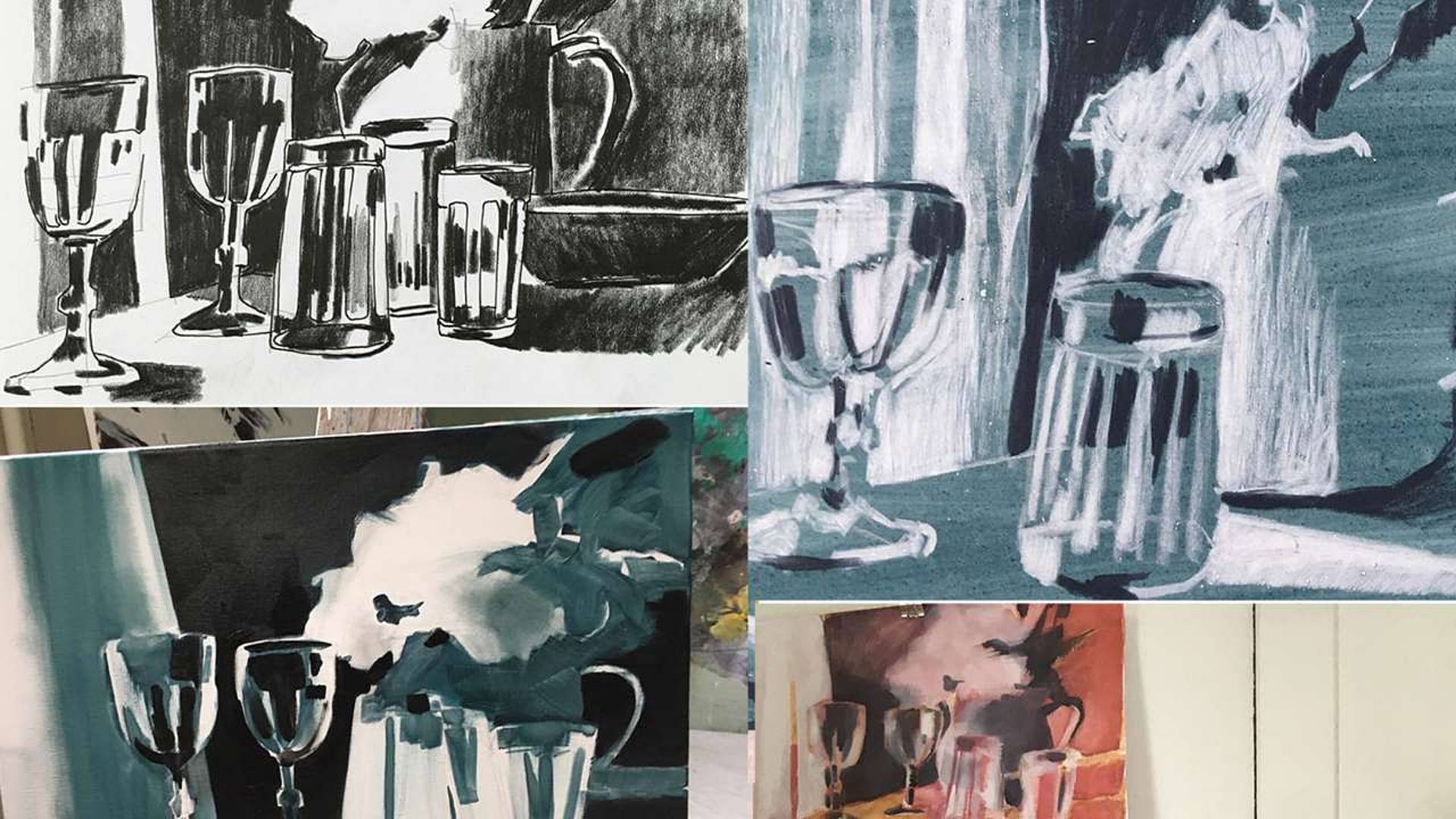 Gemalte Bilder von Gläsern und einer Karaffe