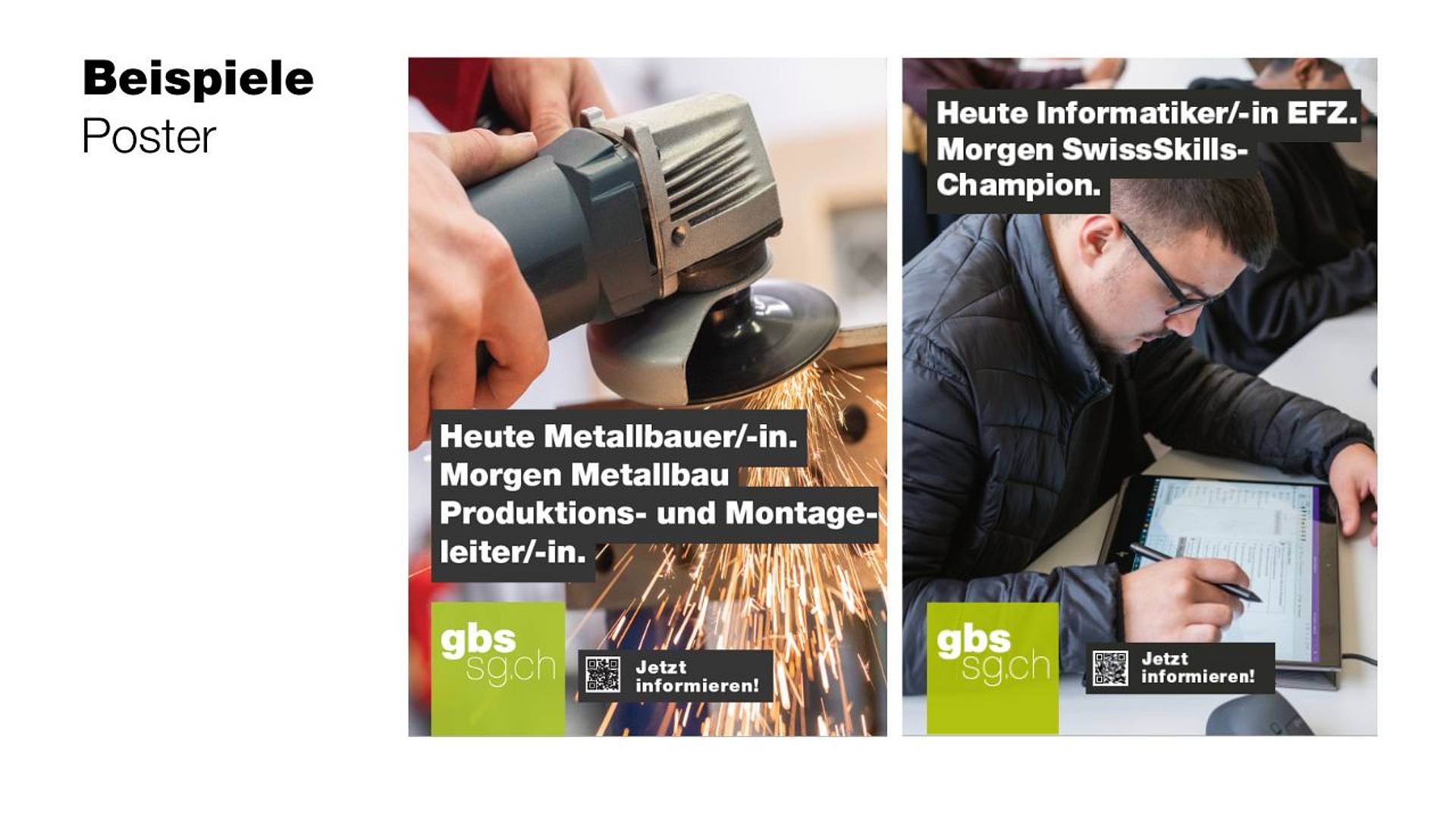 Zwei Poster-Beispiele mit der Wortmarke gbssg in grün
