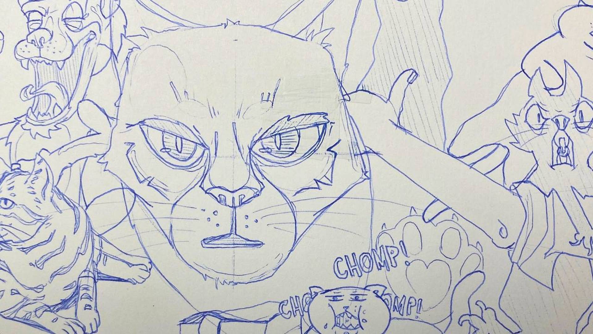 Detailreiche Linienzeichnungen von Tieren und Figuren im Comicstil.