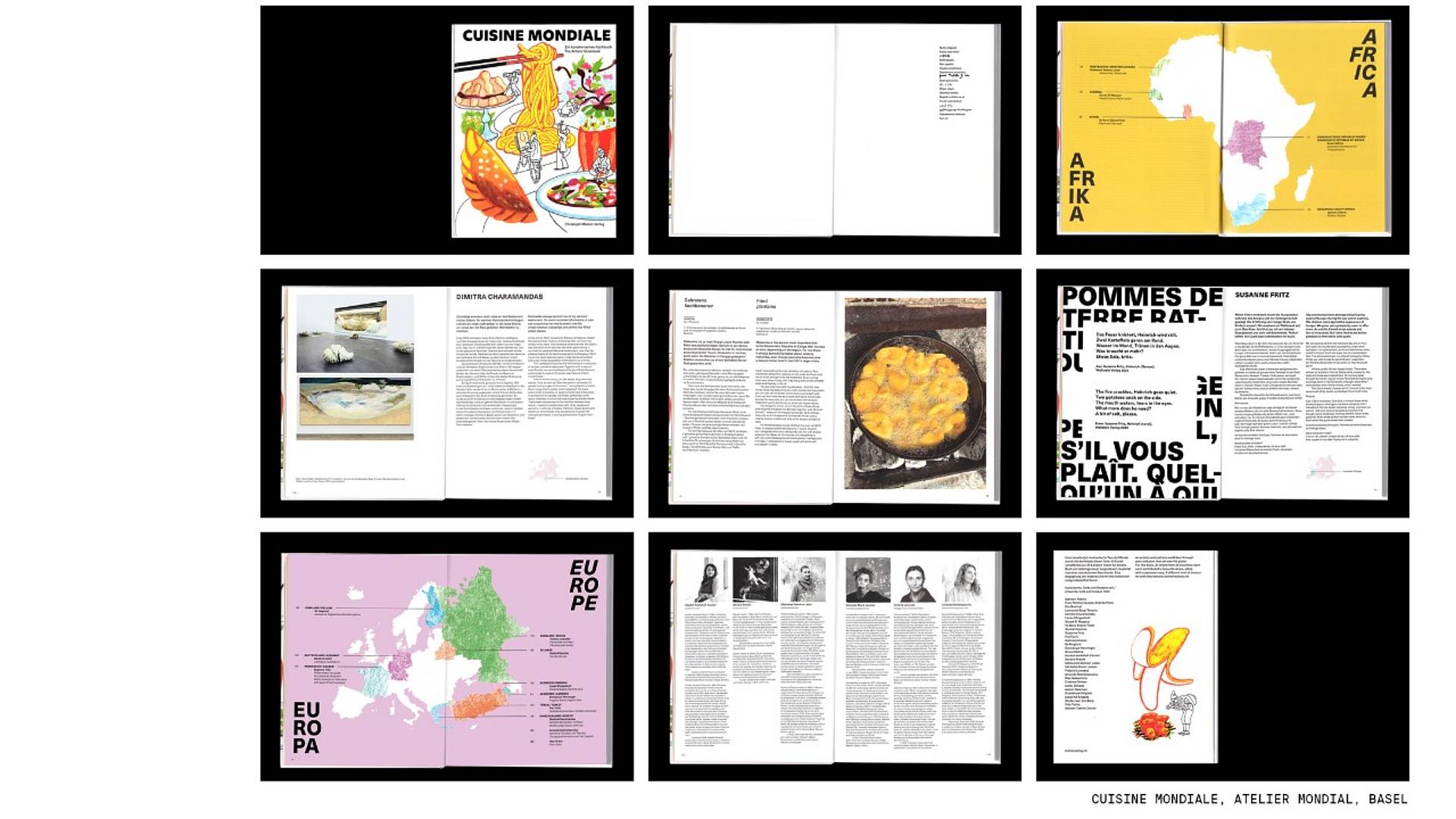 Übersicht mit mehreren aufgeschlagenen Magazin-Doppelseiten: Fotografien, Illustrationen, Karten (Europa, Afrika) und typografische Layouts auf schwarzem Hintergrund angeordnet.
