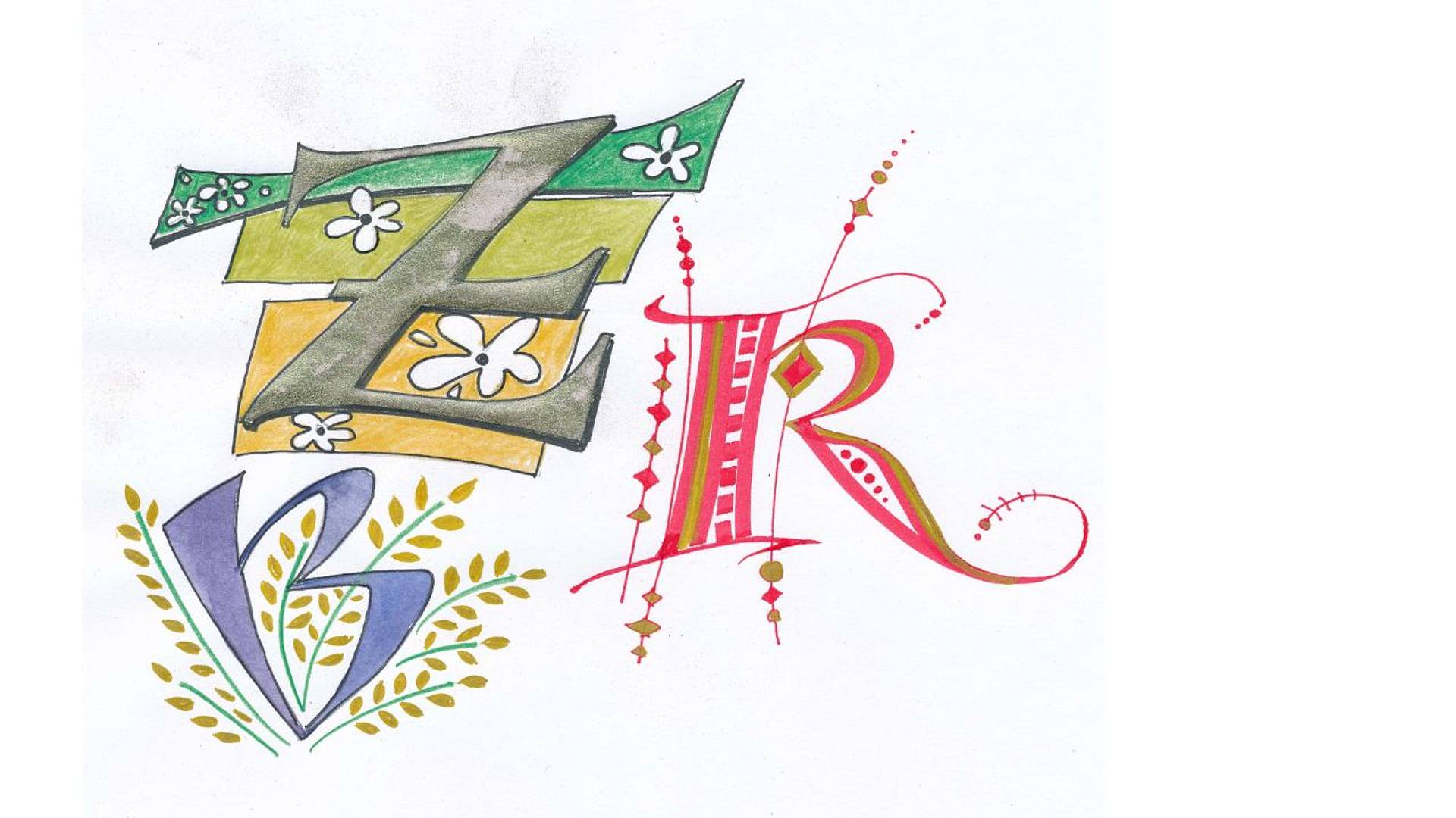 Dekorative Initialen „Z“, „R“ und „B“ in kunstvoller, farbiger Gestaltung. Der Buchstabe „Z“ ist grün und gelb mit weißen Blüten, „R“ ist rot mit filigranen Ornamenten, und „B“ ist violett mit goldenen Ähren.