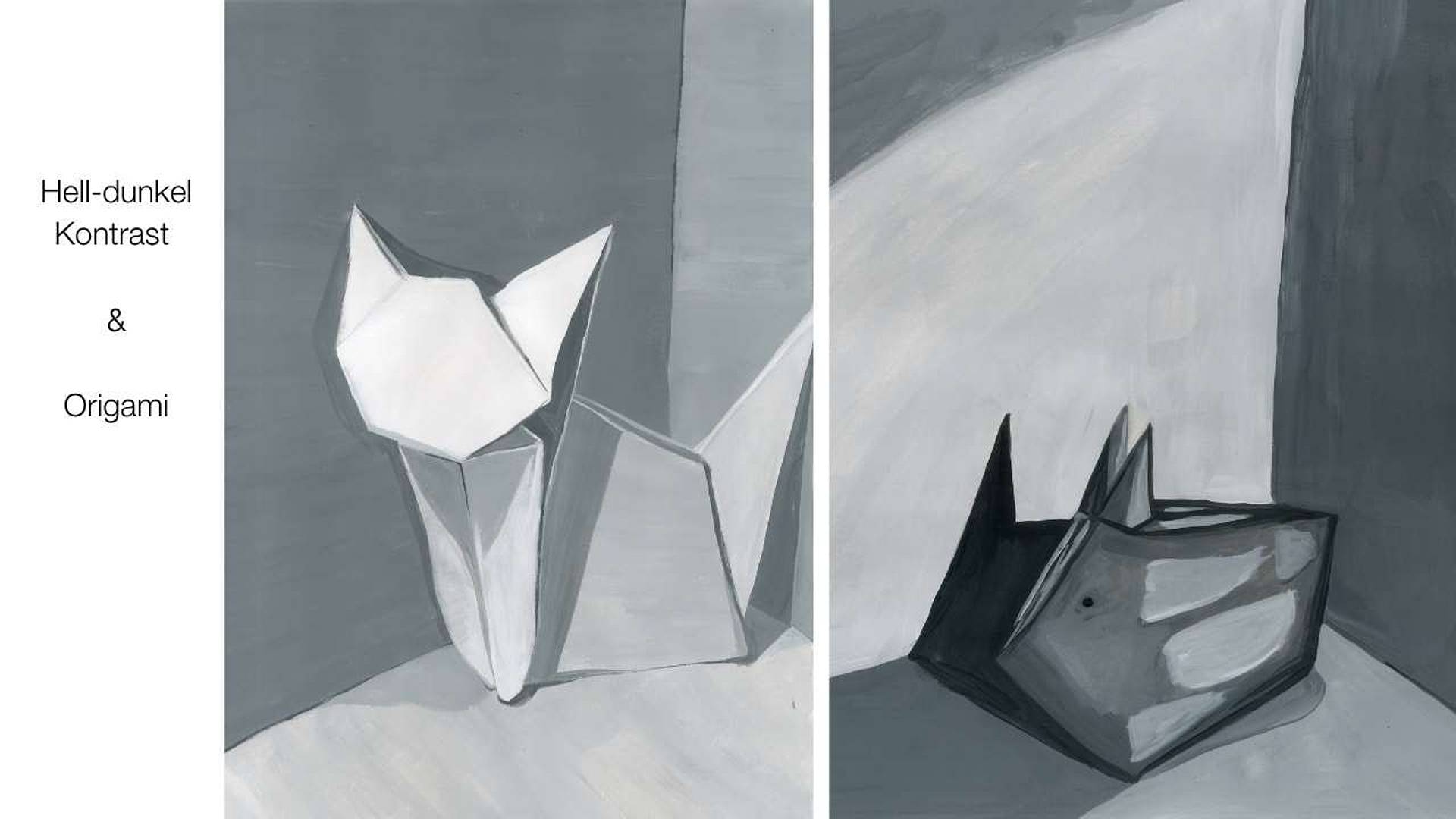 Zweiteiliges Bild in Graustufen: links eine gemalte Origami‑Tierfigur mit kantigen Flächen und starkem Hell‑dunkel‑Kontrast vor grauem Hintergrund; daneben der Text „Hell‑dunkel Kontrast & Origami“. Rechts eine zweite Origami‑Form, ebenfalls kantig und monochrom, in einer Ecke platziert, mit deutlich sichtbaren Licht‑ und Schattenflächen.