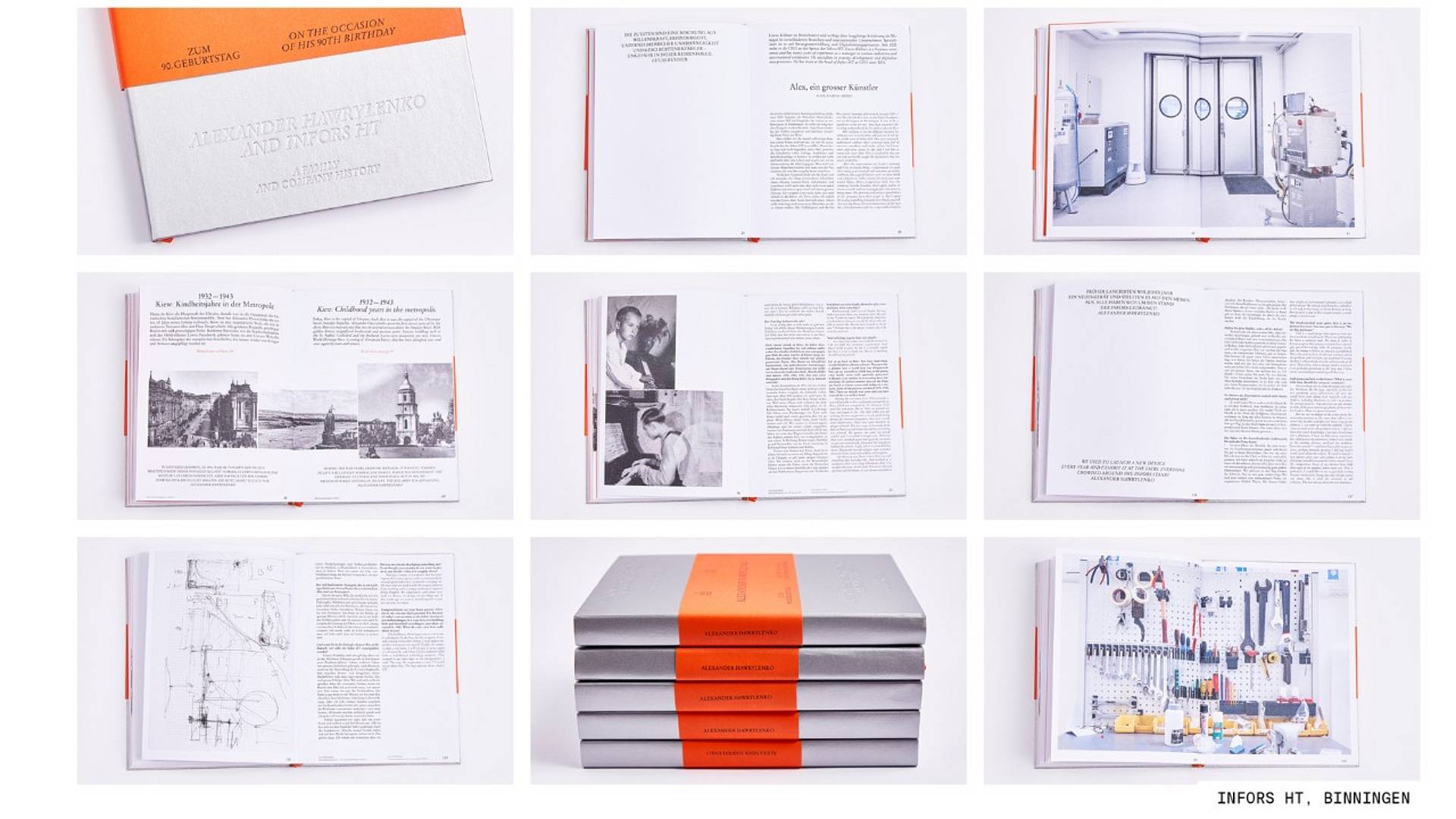 Übersicht mit mehreren aufgeschlagenen Magazin-Doppelseiten: Fotografien, Illustrationen, Karten (Europa, Afrika) und typografische Layouts auf schwarzem Hintergrund angeordnet.