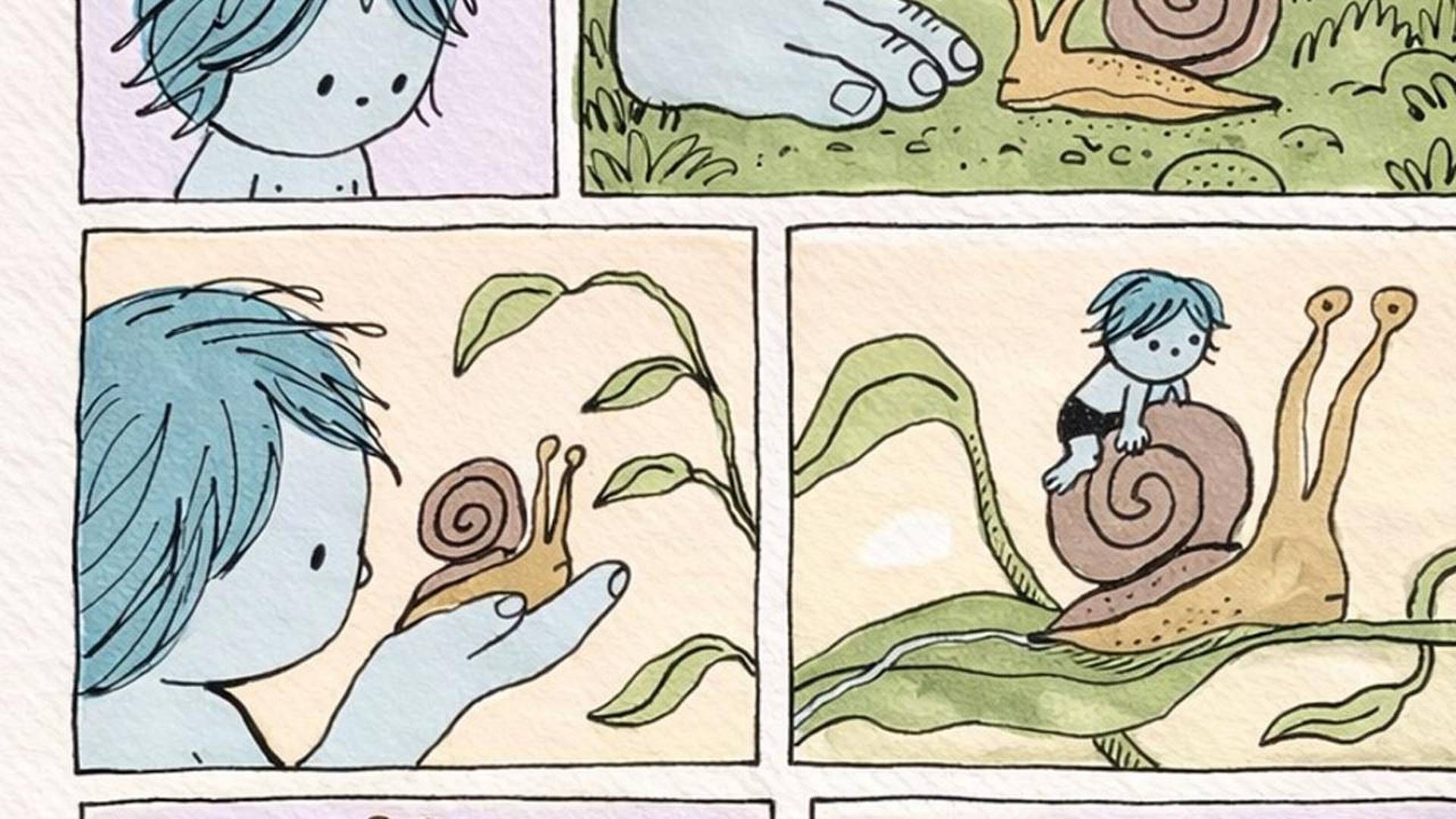 Illustration mit Comic‑Panels: Figur begegnet einer Schnecke in einer naturhaften Szene.