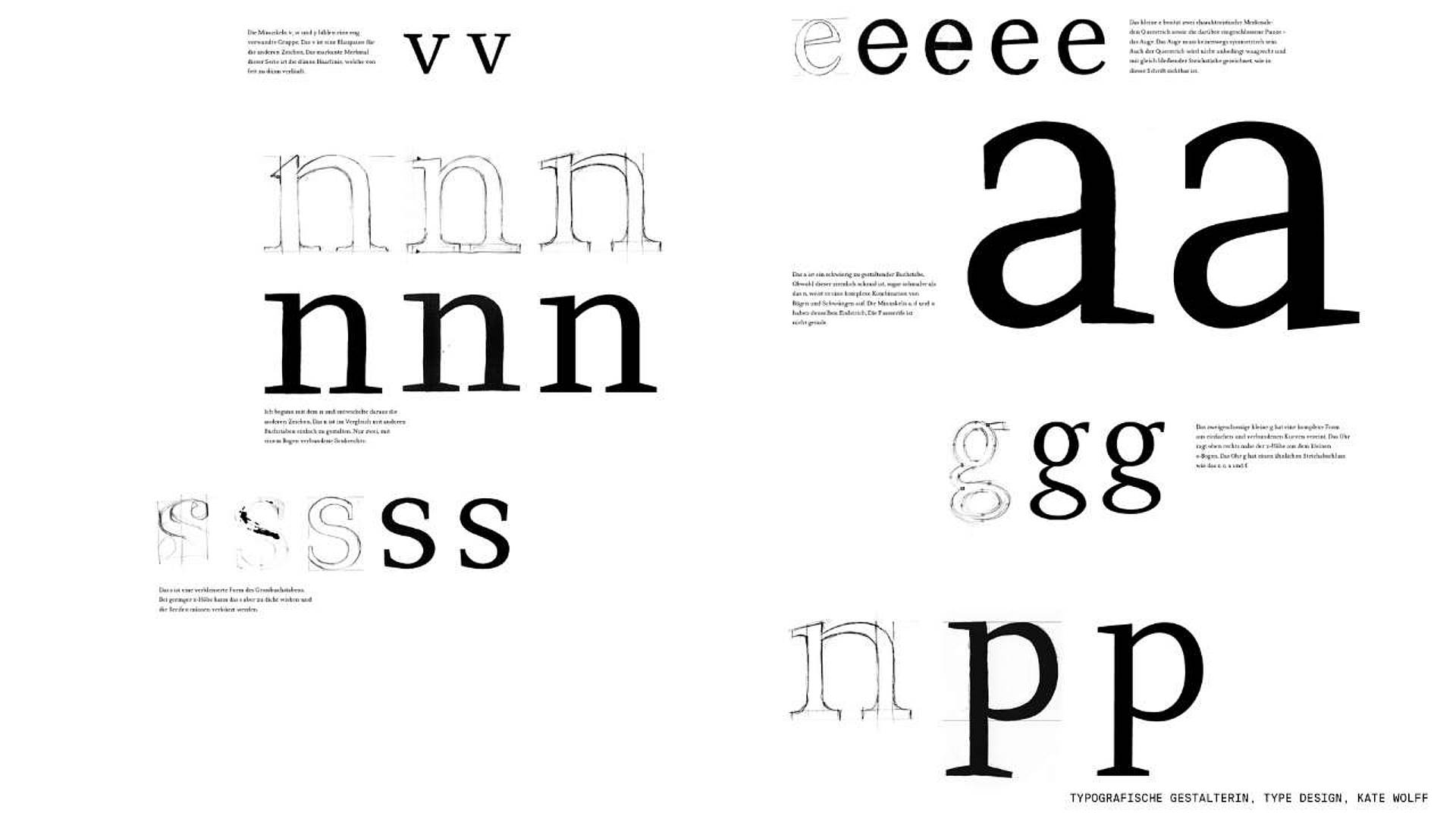 Typografische Übersicht mit gross dargestellten Buchstaben (a, e, g, n, s, v) in verschiedenen Schriftvarianten und Konstruktionsskizzen auf weissem Hintergrund.