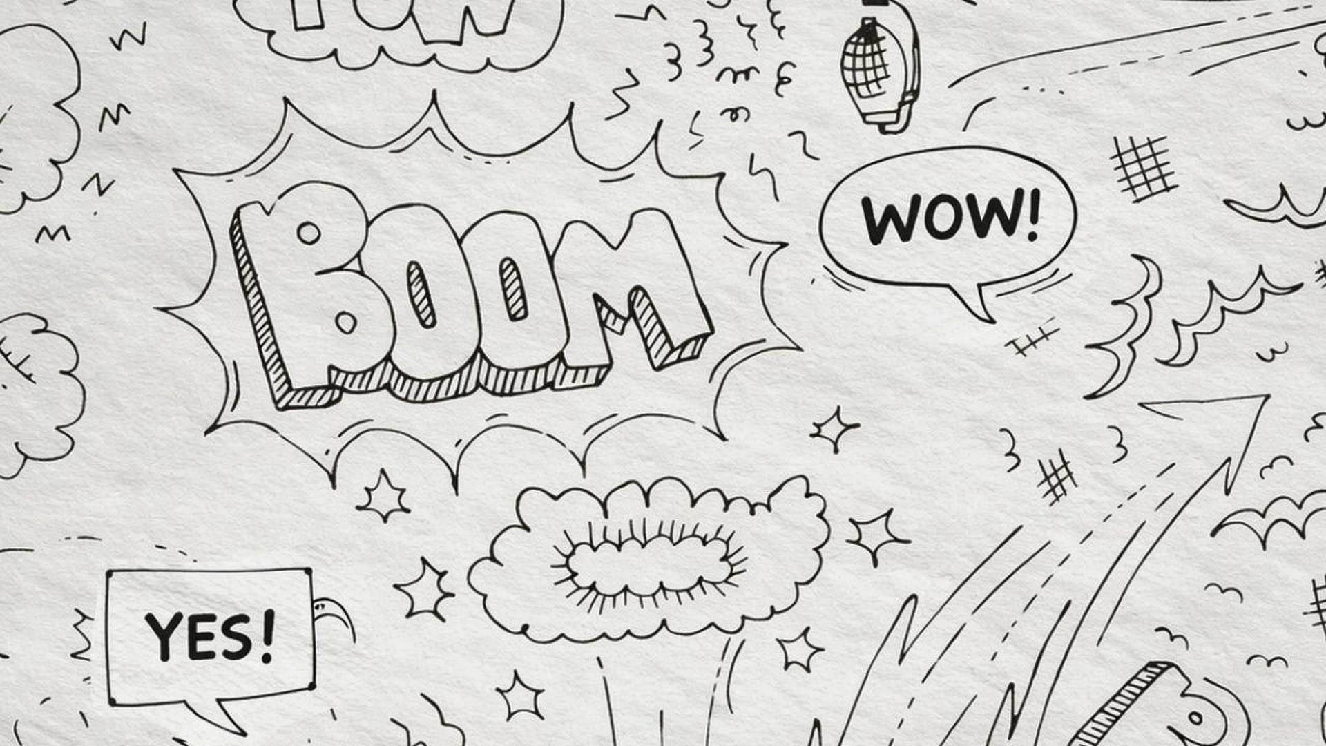 Handgezeichnete Comic‑Skizze mit Soundwords wie „BOOM“, „WOW!“ und „YES!“.