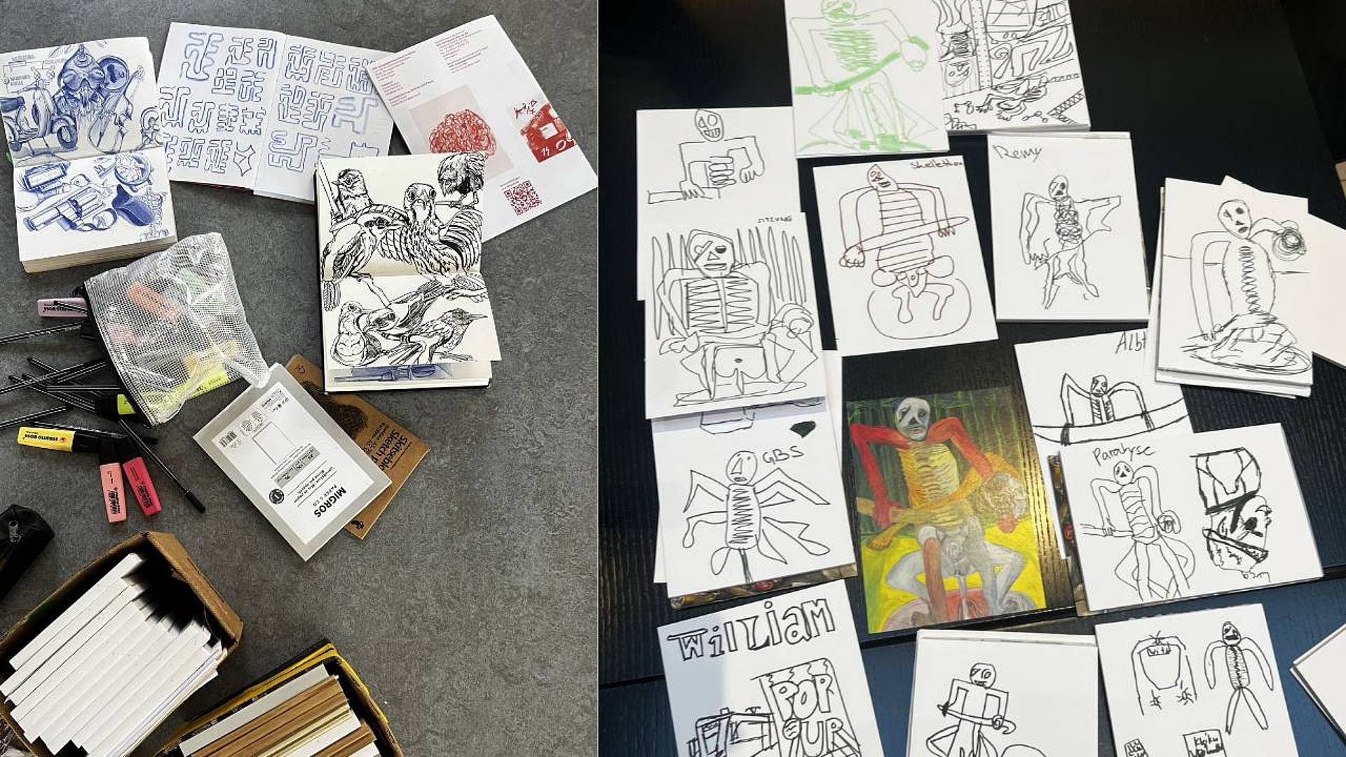 Schwarzweisse Skizzen von Gläsern, Geschirr und Menschen in Alltagssituationen.