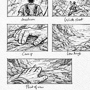 Handgezeichnetes Storyboard mit mehreren Panels zu Kameraeinstellungen: Medium Shot, Wide Shot, Close‑up, Low Angle und Point of View, gezeigt an einer kletternden Person und Detailansichten einer Hand an felsigem Untergrund.