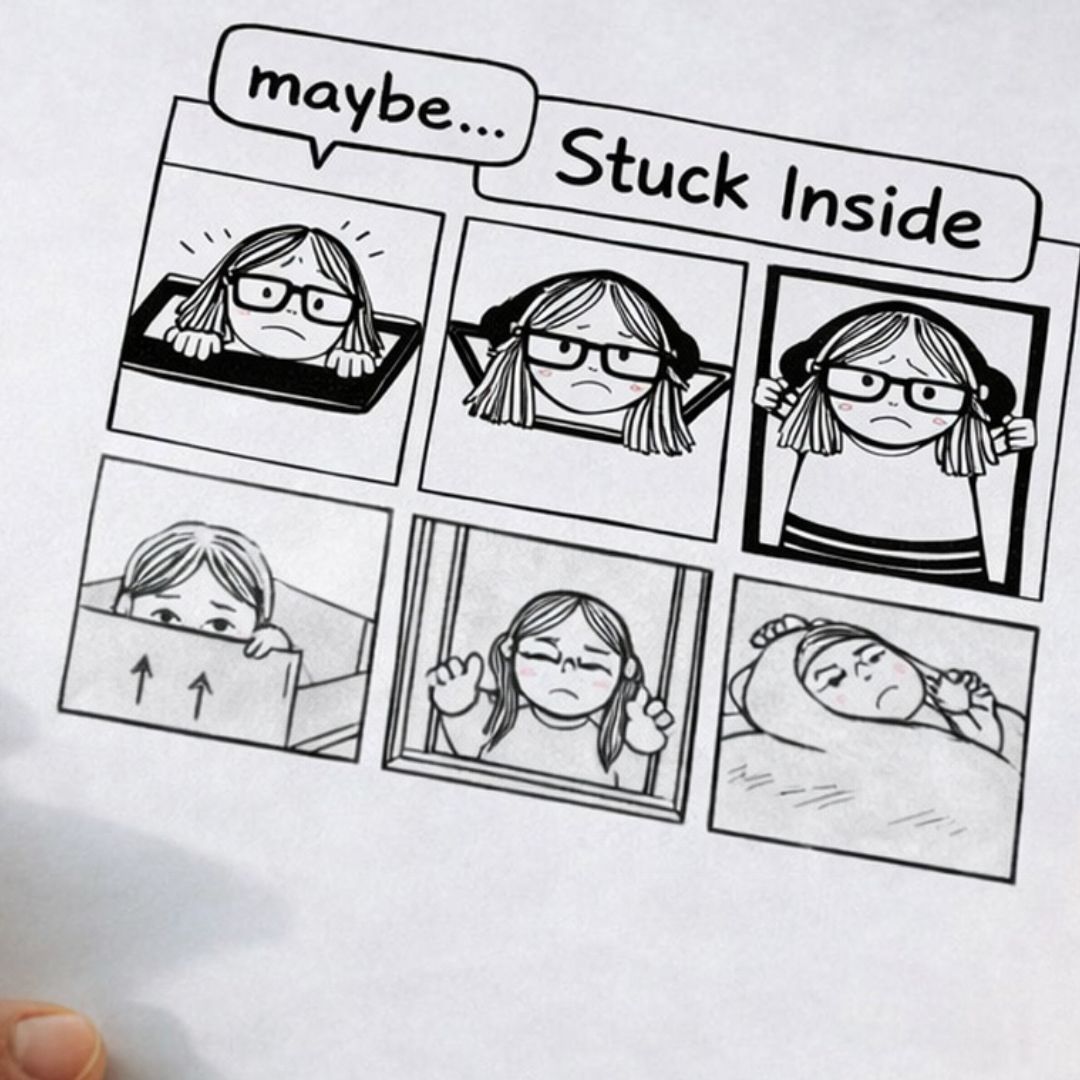 Handgezeichneter Comic mit mehreren Panels und dem Text „maybe… Stuck Inside