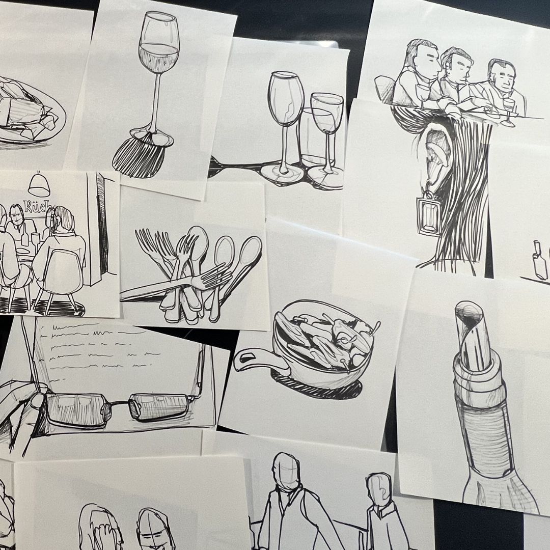 Mehrere Zeichnungen rund um Küche, Essen und Menschen bei Gesprächen.
