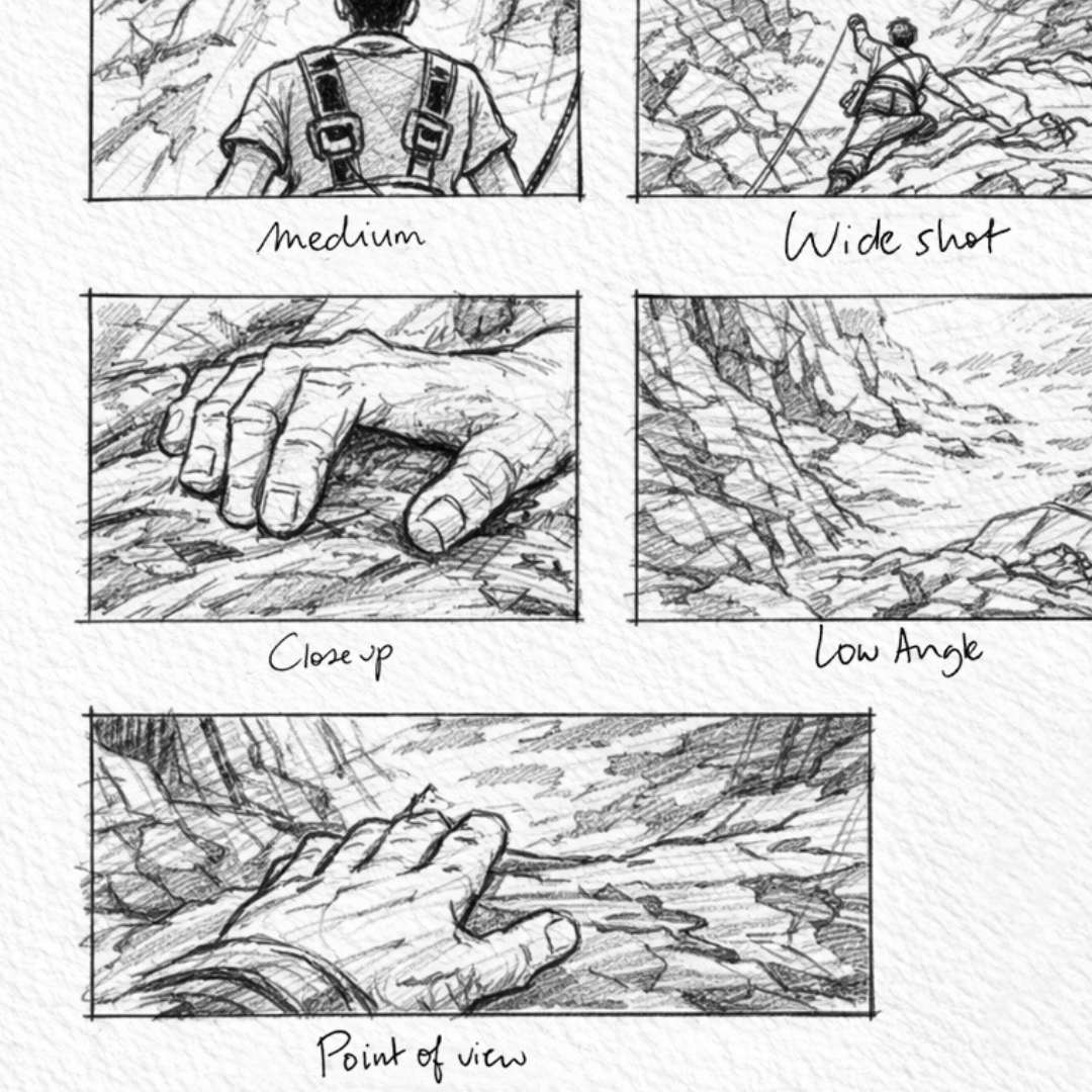 Handgezeichnetes Storyboard mit mehreren Panels zu Kameraeinstellungen: Medium Shot, Wide Shot, Close‑up, Low Angle und Point of View, gezeigt an einer kletternden Person und Detailansichten einer Hand an felsigem Untergrund.